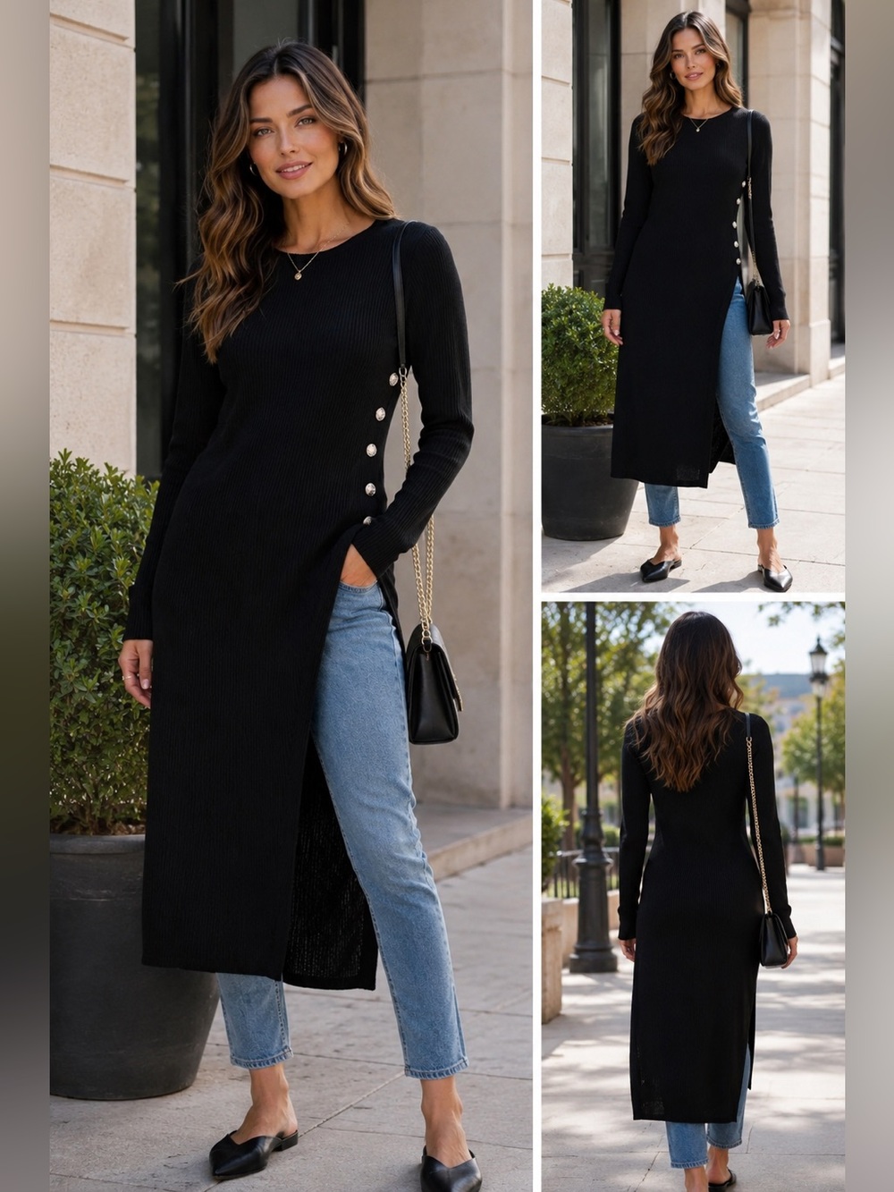 ShopEvelynne Black Ribbed Asymmetrical Side-Slit Dress with Pearl Buttons